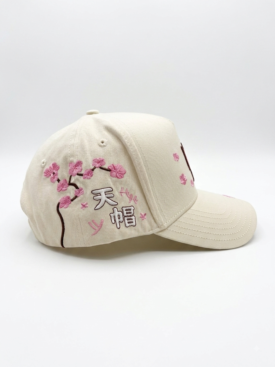 Gorra HH Sakura Koi beige vista lateral con bordados japoneses