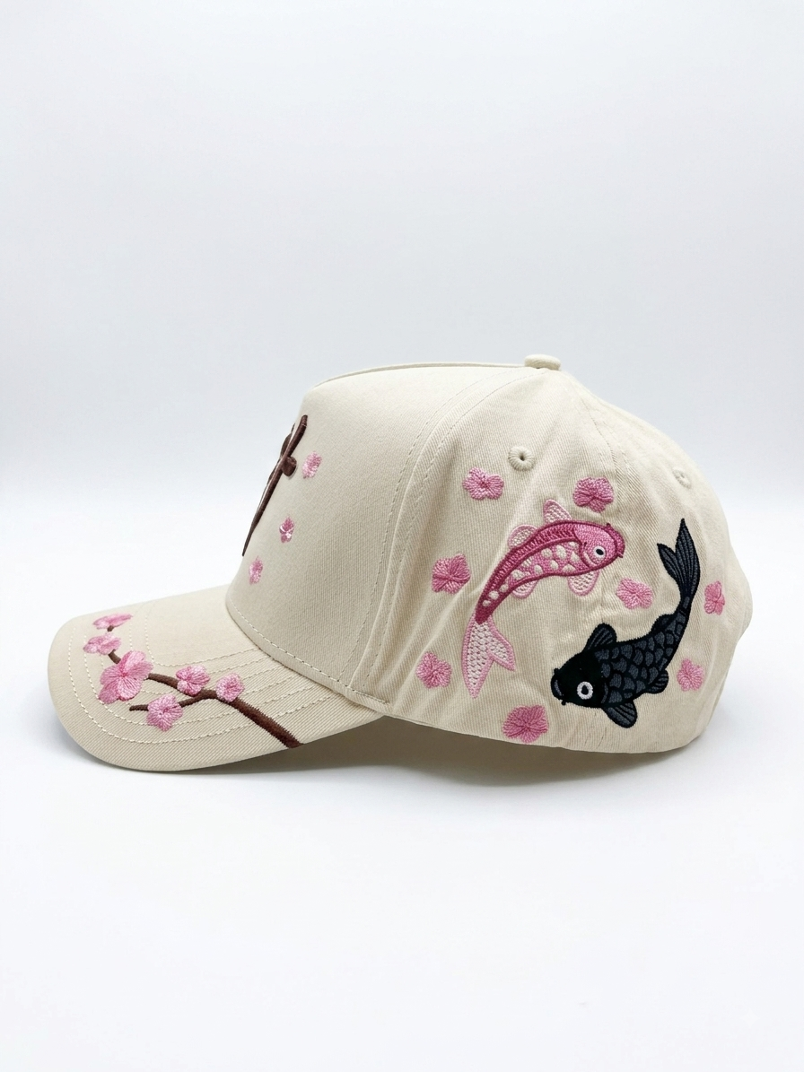Gorra HH Sakura Koi beige vista lateral con peces koi